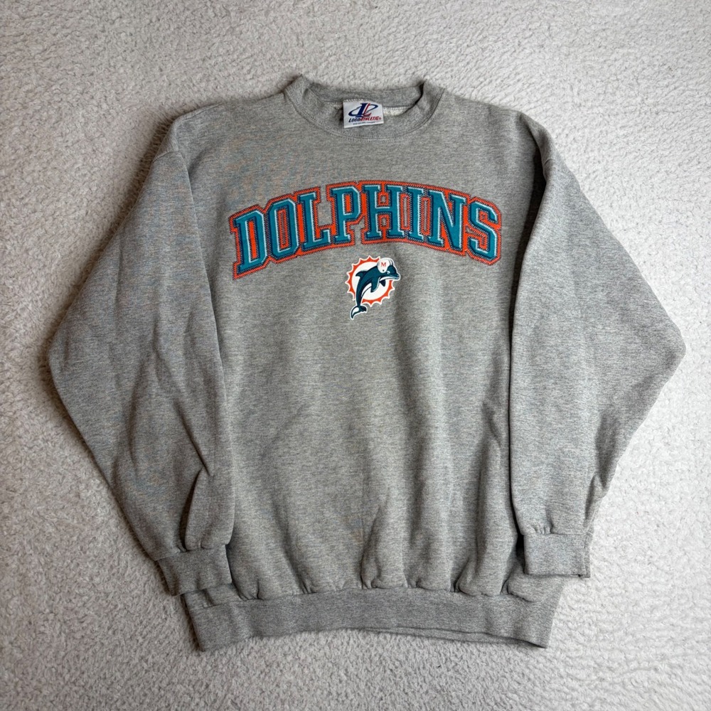 Logo Athletic Miami Dolphins Sweatshirt Gray Spellout Embroidered Vintage XL